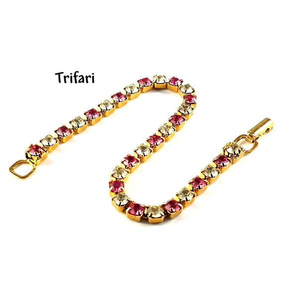 Vintage Trifari Pink Clear Rhinestone Tennis Bracelet,  Gold Plated, 1980s - Picture 1 of 10
